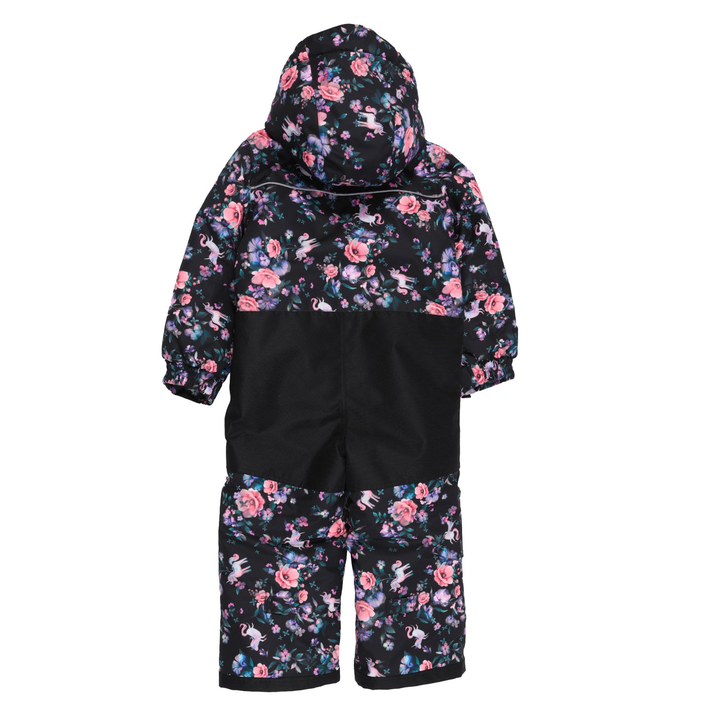 Habit de neige 1 Pièce - Peluche & Tartine à capuche, motif floral rose et violet sur fond noir, renforts noirs, pour enfant, vue de dos.