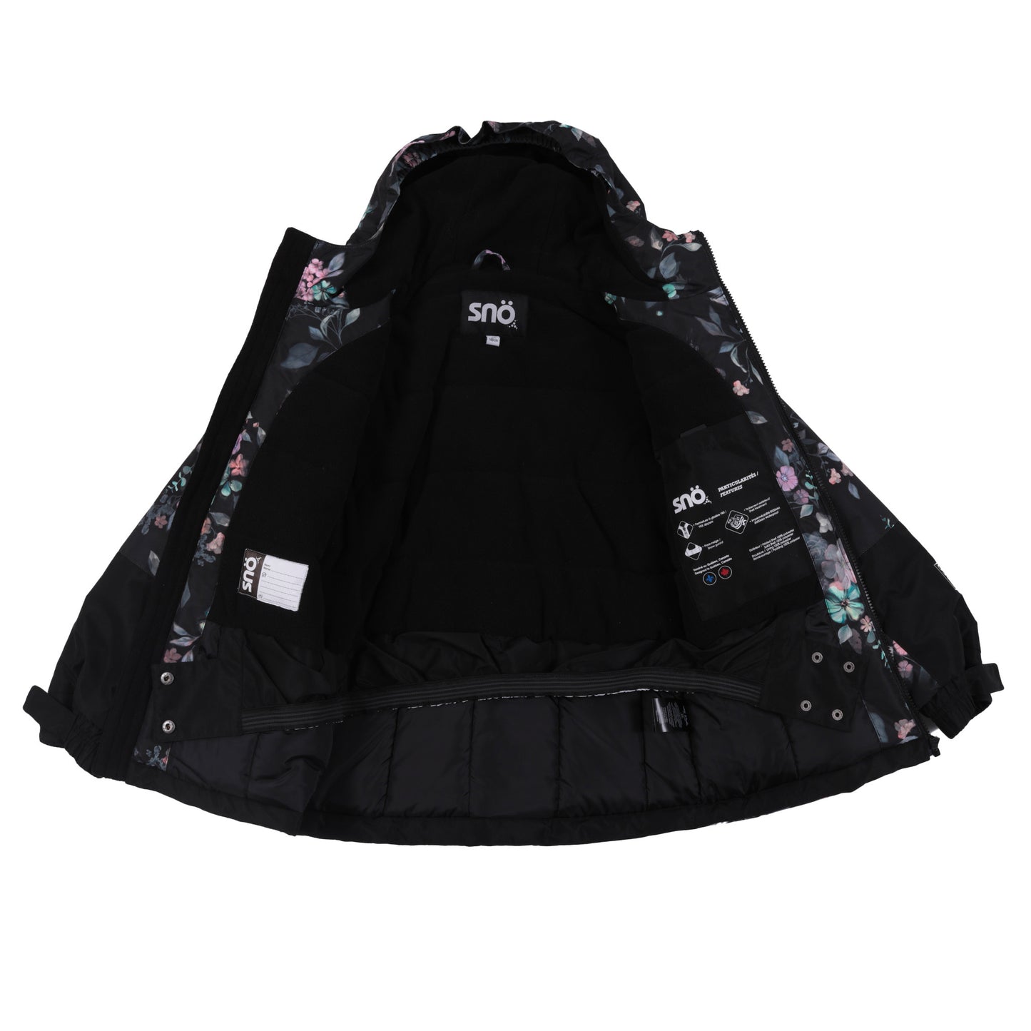 Manteau - Snö noir avec intérieur à motifs floraux colorés, style imperméable, détails techniques visibles, vue intérieure ouverte