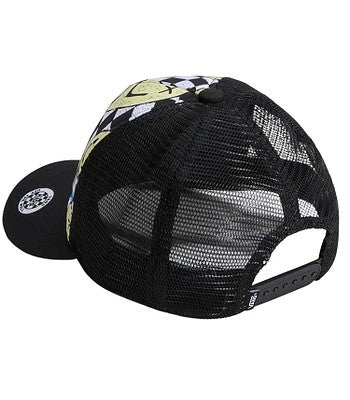 Casquette - Vans noire en maille avec motif graphique jaune et blanc, fermeture réglable à l’arrière, vue de dos.