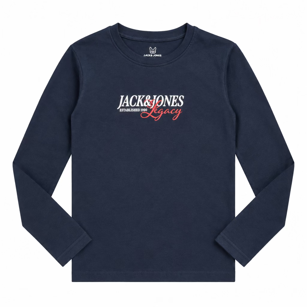 Chandail - Jack & Jones bleu marine à manches longues avec logo contrastant rouge et blanc sur le devant vue de face