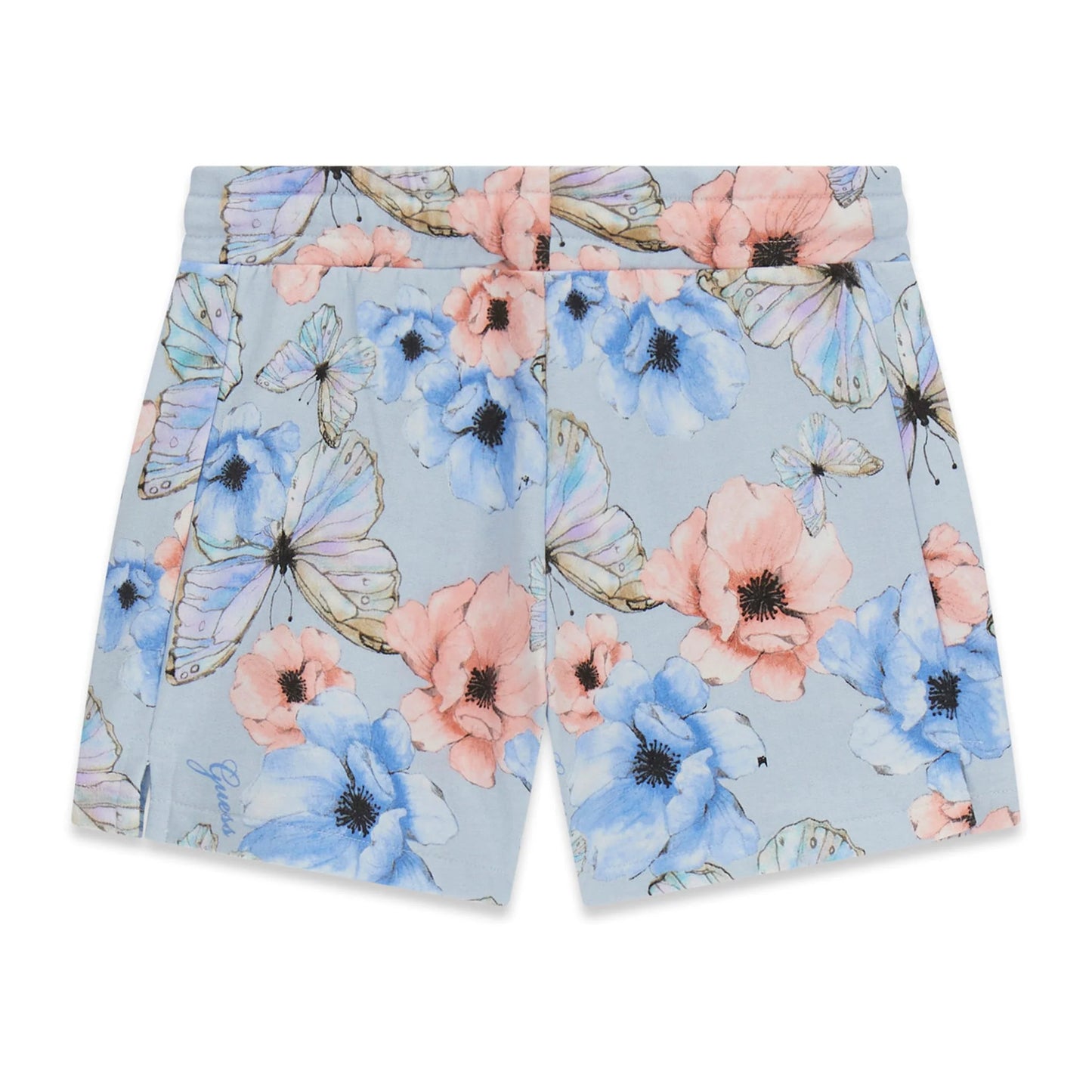 Short - Guess en coton avec motifs papillons bleus et fleurs roses, vue de face, taille enfant.