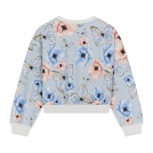 Chandail - Guess en coton et élasthanne bleu clair à fleurs roses et bleues avec papillons, vue de dos, pour enfant
