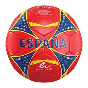 Ballon de soccer Espana - Eletto rouge et bleu avec motifs jaunes, en cuir synthétique, vue de face.