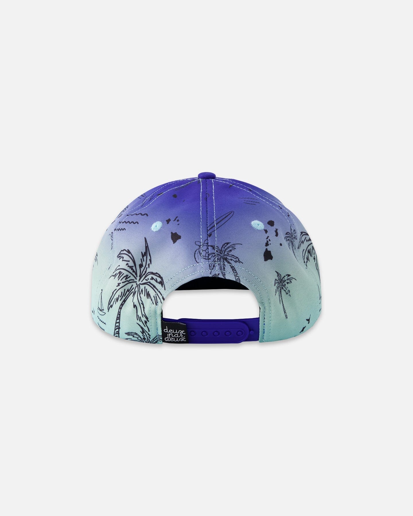 Casquette - Deux Par Deux vue de dos, imprimé plage noir sur dégradé bleu violet et vert, réglable, pour enfant