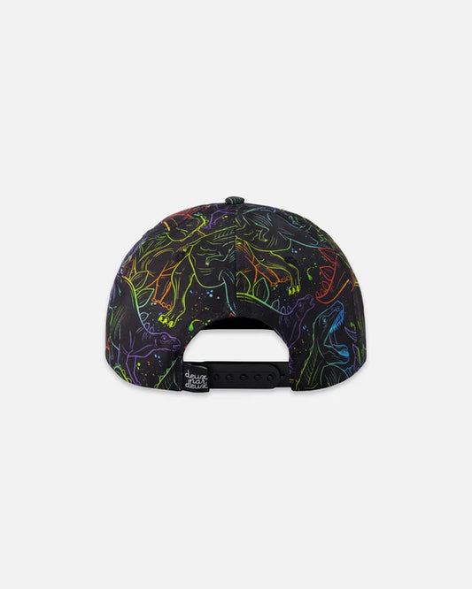 Casquette - Deux Par Deux noire avec imprimé dinosaures multicolores, fermeture ajustable, vue arrière, pour garçon enfant.
