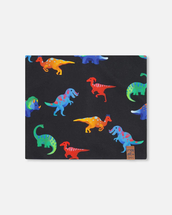 Cache-cou Mi-Saison - Deux Par Deux noir avec motifs dinosaures multicolores, tissu polyester élasthanne, pour enfant, vue de face.