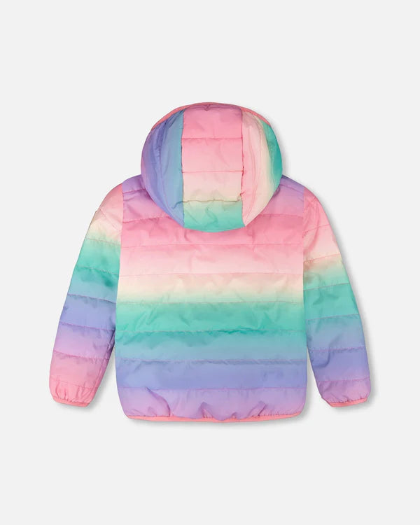 Manteau Mi-Saison - Deux Par Deux enfant à capuche, rayures pastel rose vert violet, vue de dos, tissu déperlant écologique
