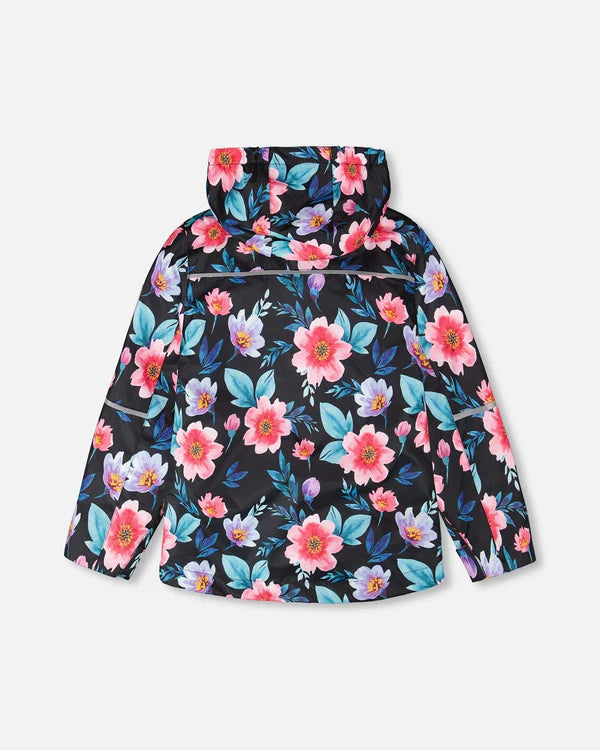 Ensemble Mi-Saison 3 en 1 - Deux Par Deux, veste enfant à capuche noire avec imprimé floral rose et bleu, vue de dos.