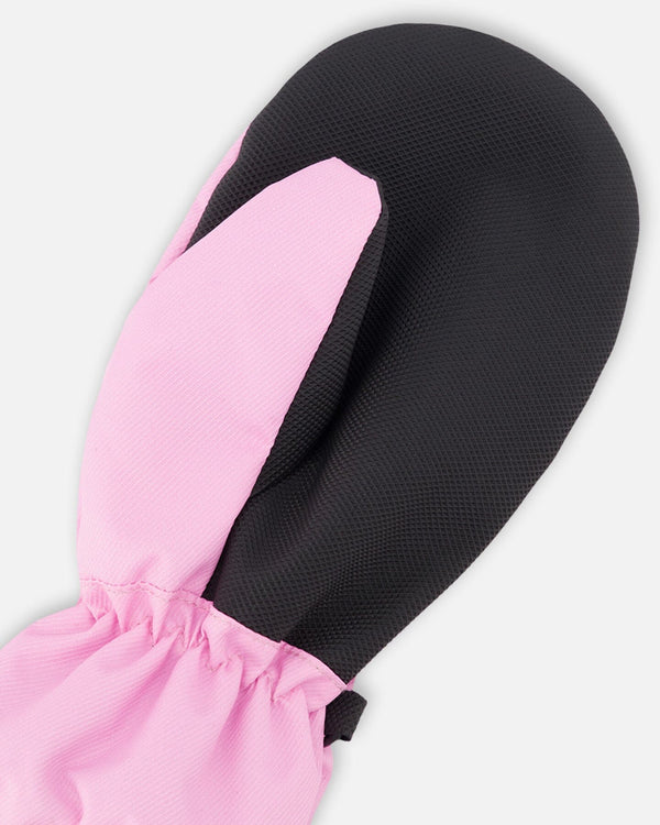 Mitaines Mi-Saisons - Deux Par Deux rose et noire en polyester recyclé, vue de dessus détail tissu texturé pour enfant.