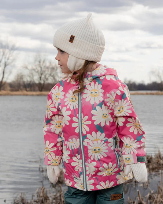 Tuque Mi-Saison - Deux Par Deux blanche en tricot côtelé avec oreilles 3D, portée vue de profil sur enfant en extérieur hiver
