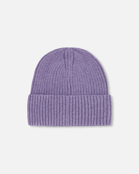 Tuque Mi-Saison - Deux Par Deux violette en tricot côtelé avec revers, mélange viscose nylon polyester, vue de face.