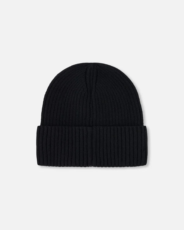 Tuque Mi-Saison - Deux Par Deux noire en tricot côtelé avec revers, mélange viscose nylon polyester, vue de face adulte unisexe.