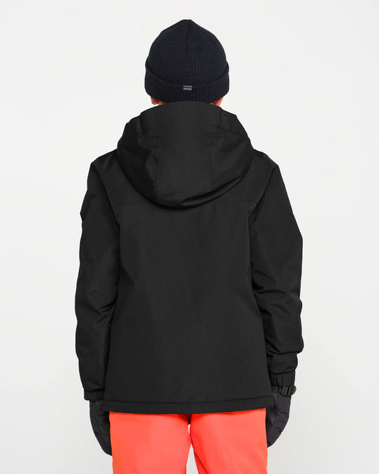 Manteau d'hiver Stone.91 Ins - Volcom, manteau noir à capuche, vue de dos porté par un modèle