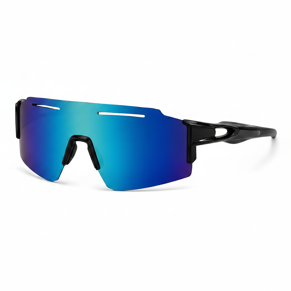 Lunettes de soleil - Kids avec verre bleu miroir et monture noire en plastique, style sportif, pour enfant, vue de trois quarts.