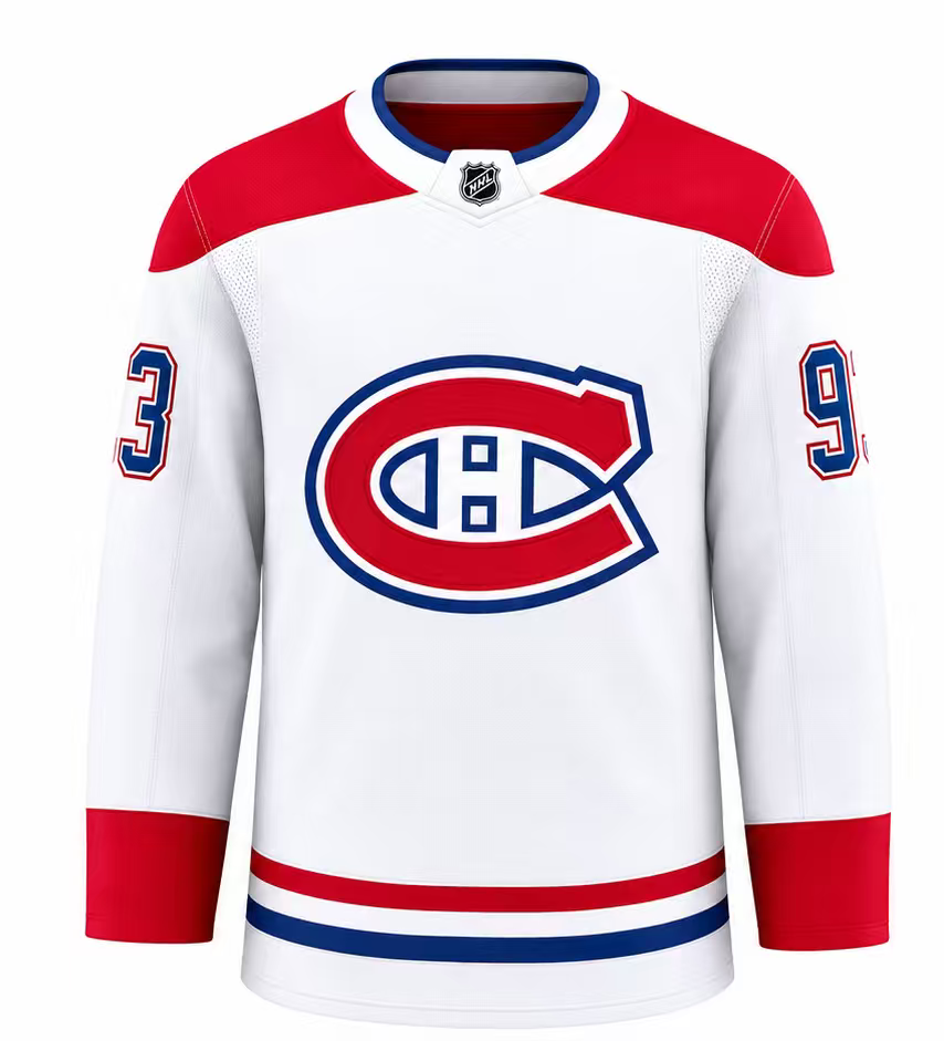 Jersey de hockey Canadiens - Demidov blanc avec dΓ©tails rouges et bleus, style classique en tissu technique, vue de face.
