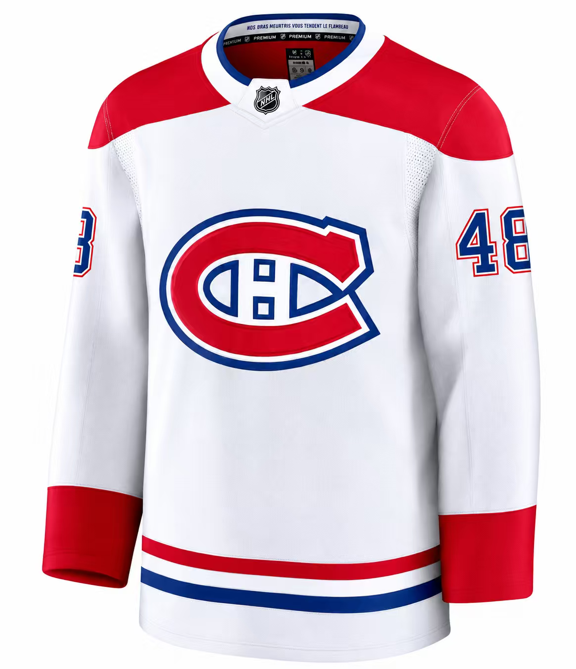 Jersey de hockey Canadiens - Hutson blanc avec rouge et bleu, logo central, numéro 48 sur les manches, vue de face.