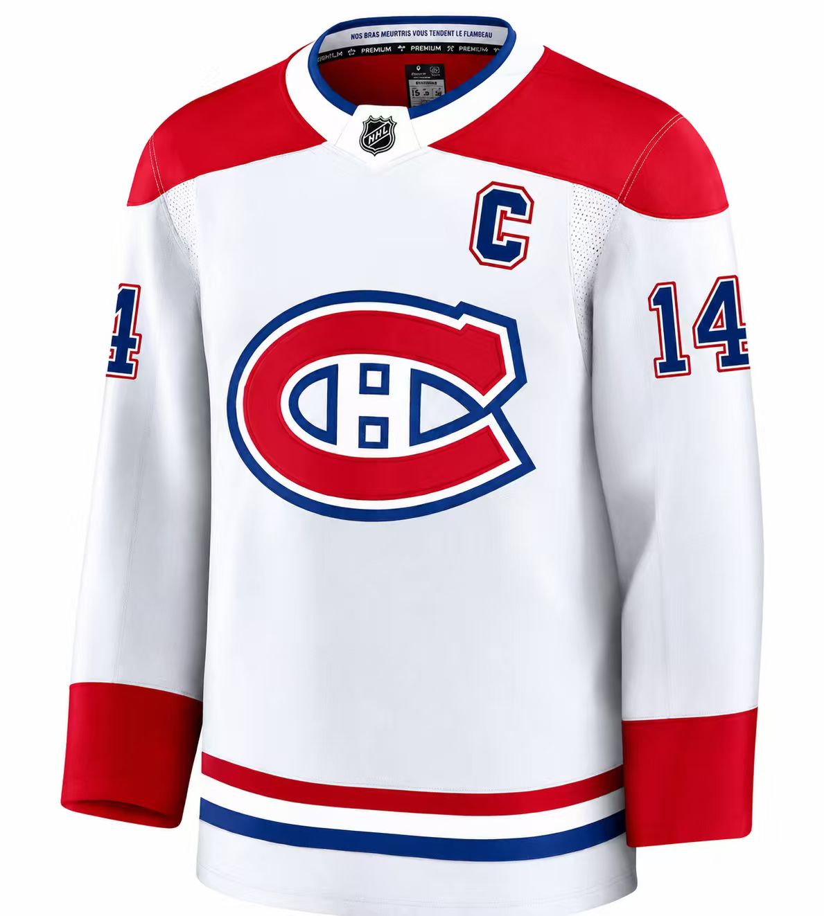 Jersey de hockey Canadiens - Suzuki blanc avec épaules rouges, détails bleus et rouges, logo central, vue de face, textile en polyester.