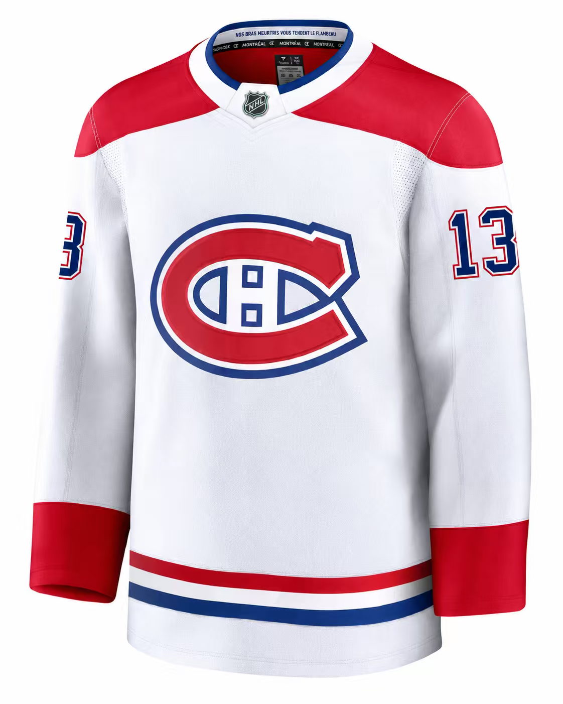 Jersey de hockey Canadiens - Caufield blanc à manches longues avec épaules et poignets rouges, logo du Canadien en rouge et bleu, vue de face.
