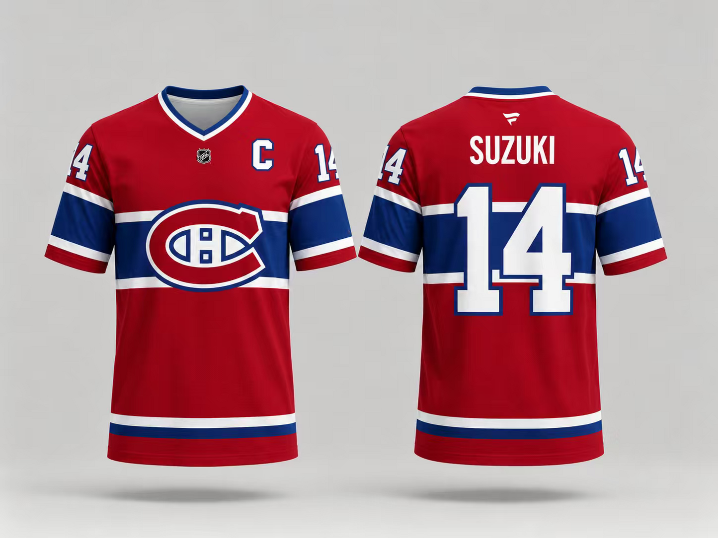 Jersey manches courtes - Suzuki rouge, blanc et bleu avec logo et numéros, style sportif, vue de face et de dos, tissu polyester respirant.