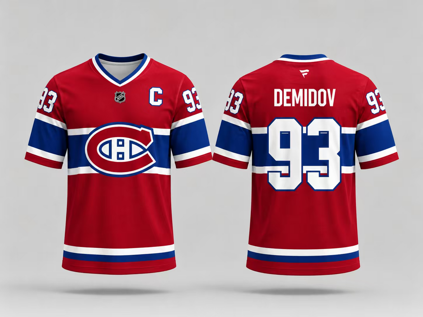 Jersey manches courtes - Demidov rouge avec bandes blanches et bleues, logo au centre, numéro 93 et nom Demidov au dos, vue de face et dos.