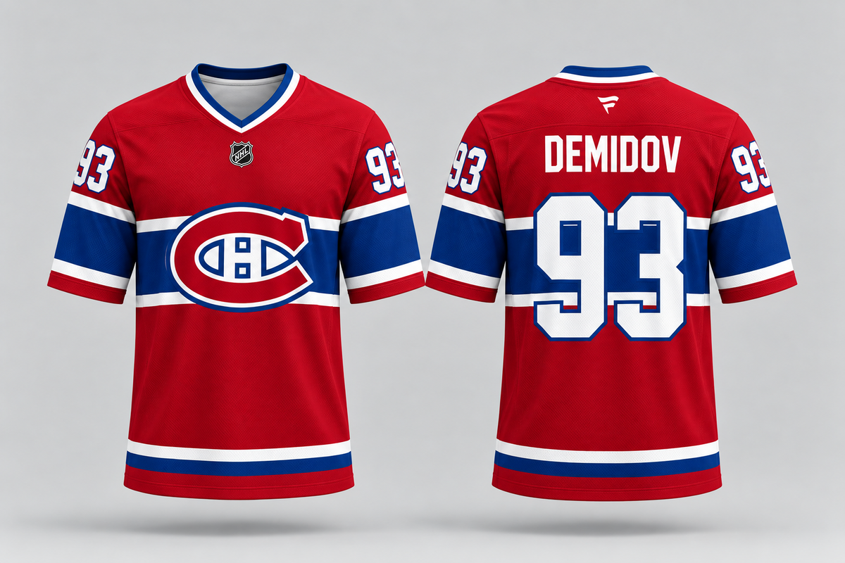 Jersey manches courtes - Demidov rouge avec bandes blanches et bleues, logo au centre, numéro 93 et nom Demidov au dos, vue de face et dos.