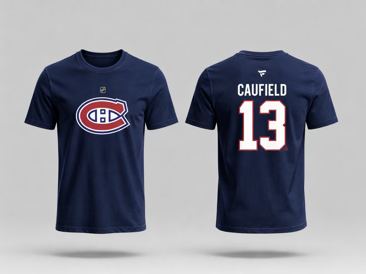 T-Shirt Canadiens Coton Bleu - Caufield en coton bleu marine avec logo Canadiens rouge et blanc devant, nom et numéro 13 au dos, vue de face et dos.