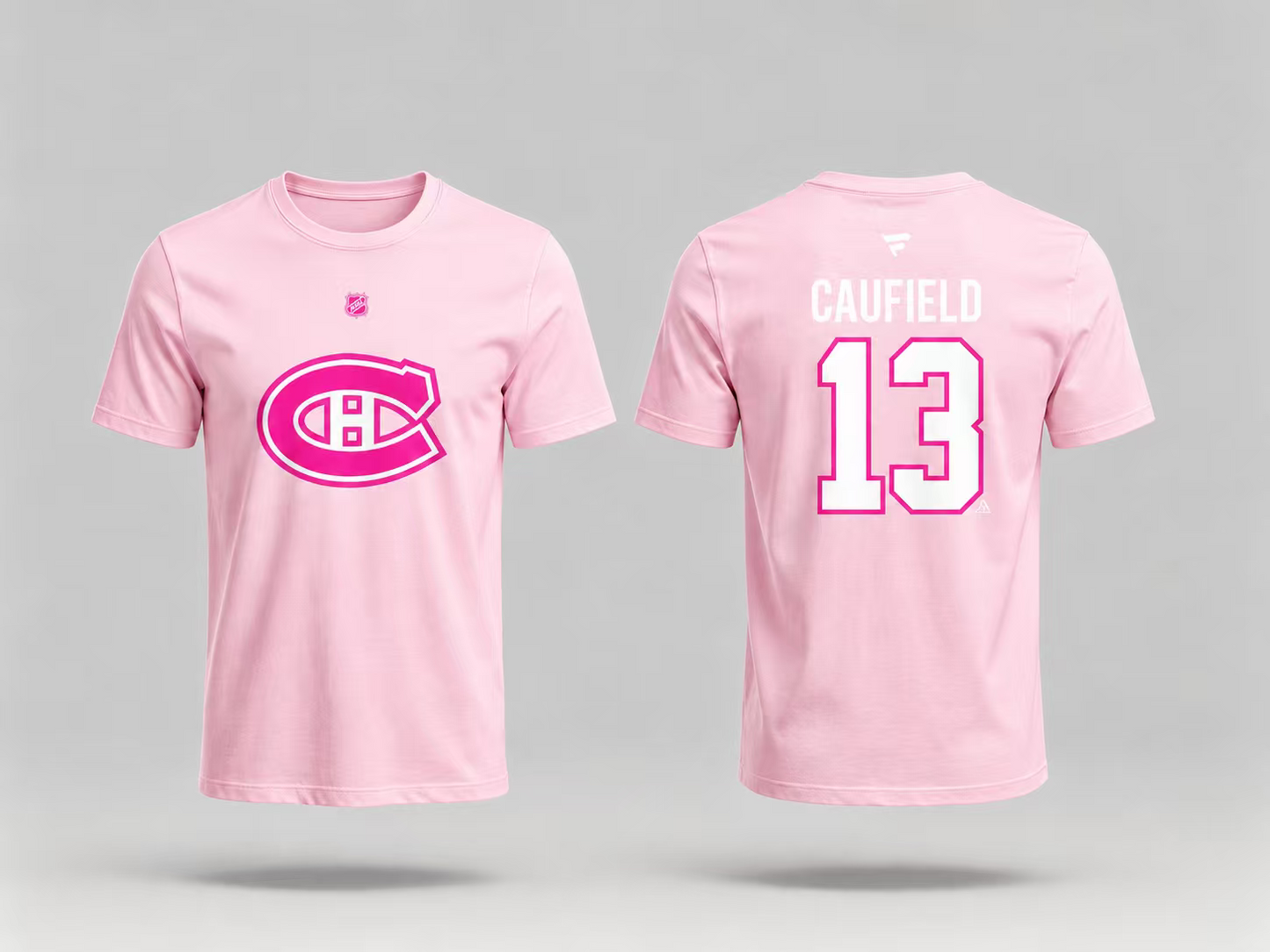 T-Shirt Canadiens Coton Rose - Caufield, t-shirt coton rose clair avec logo Canadiens rose et blanc à l'avant, nom et numéro 13 au dos, vue de face et dos.