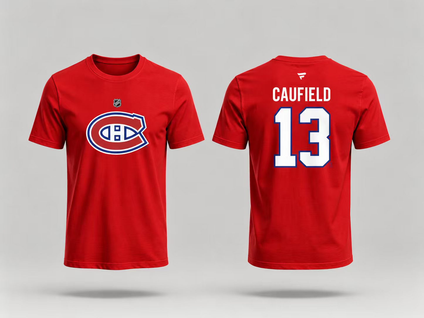 T-Shirt Canadiens Coton Rouge - Caufield rouge en coton avec logo Canadiens bleu et blanc sur le devant, numéro 13 et nom Caufield au dos, vue de face et dos.