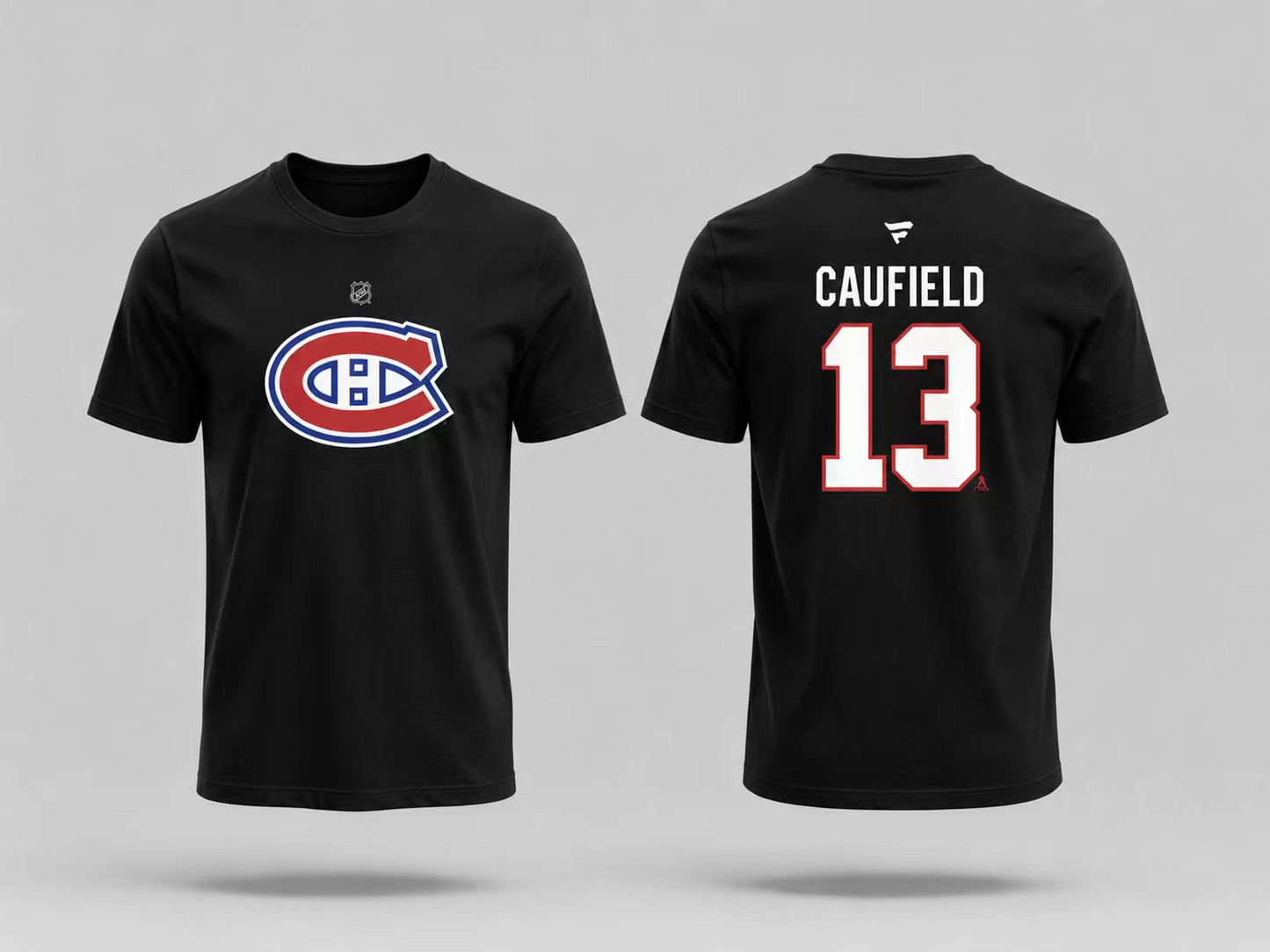 T-Shirt Canadiens Coton Noir - Caufield noir en coton avec logo des Canadiens de Montréal devant et nom Caufield avec numéro 13 au dos, vue de face et dos.
