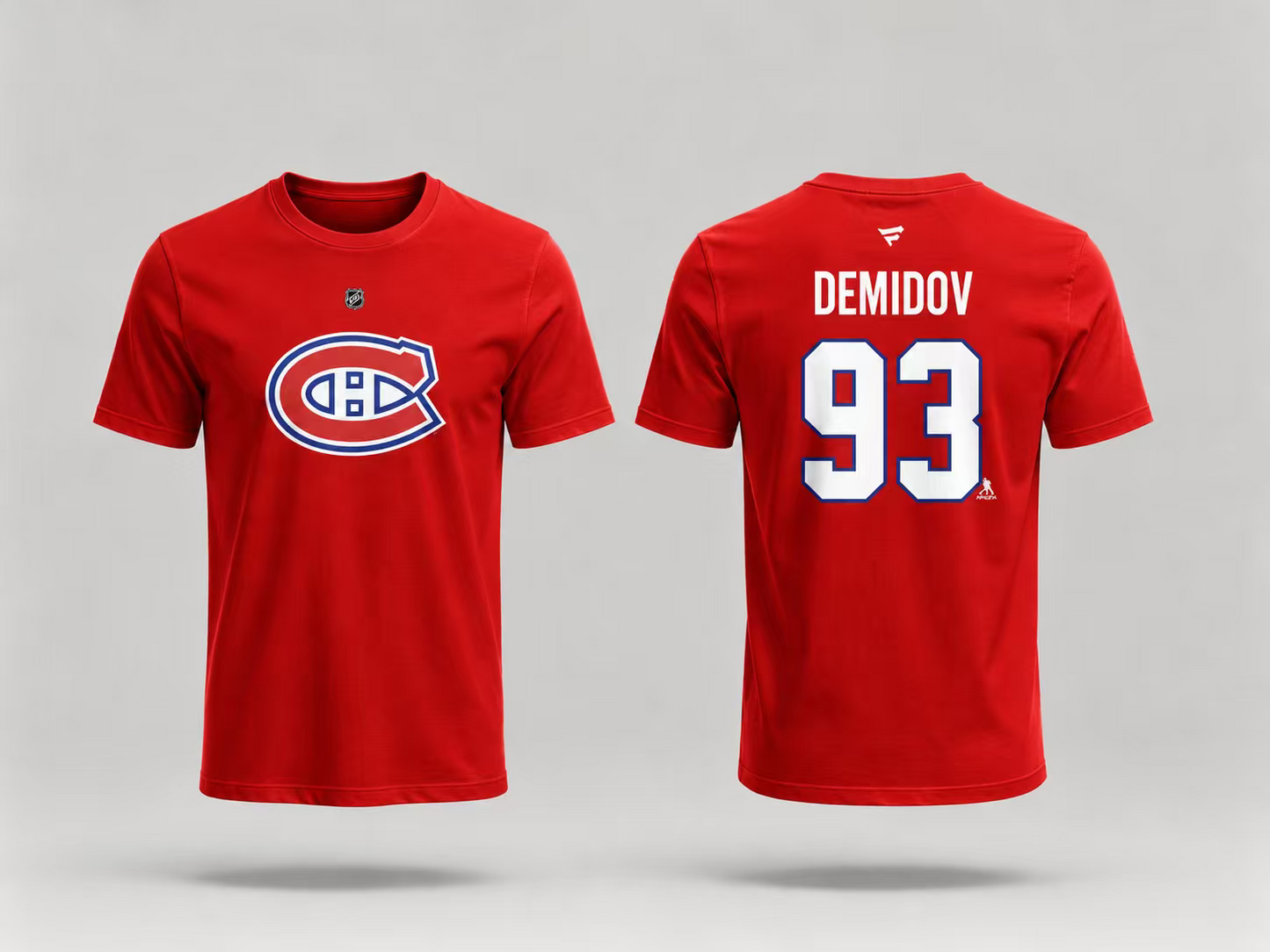 T-Shirt Canadiens Coton Rouge - Demidov rouge en coton avec logo bleu et blanc Canadiens sur le devant, numéro 93 et nom Demidov en blanc au dos, vue de face et de dos.