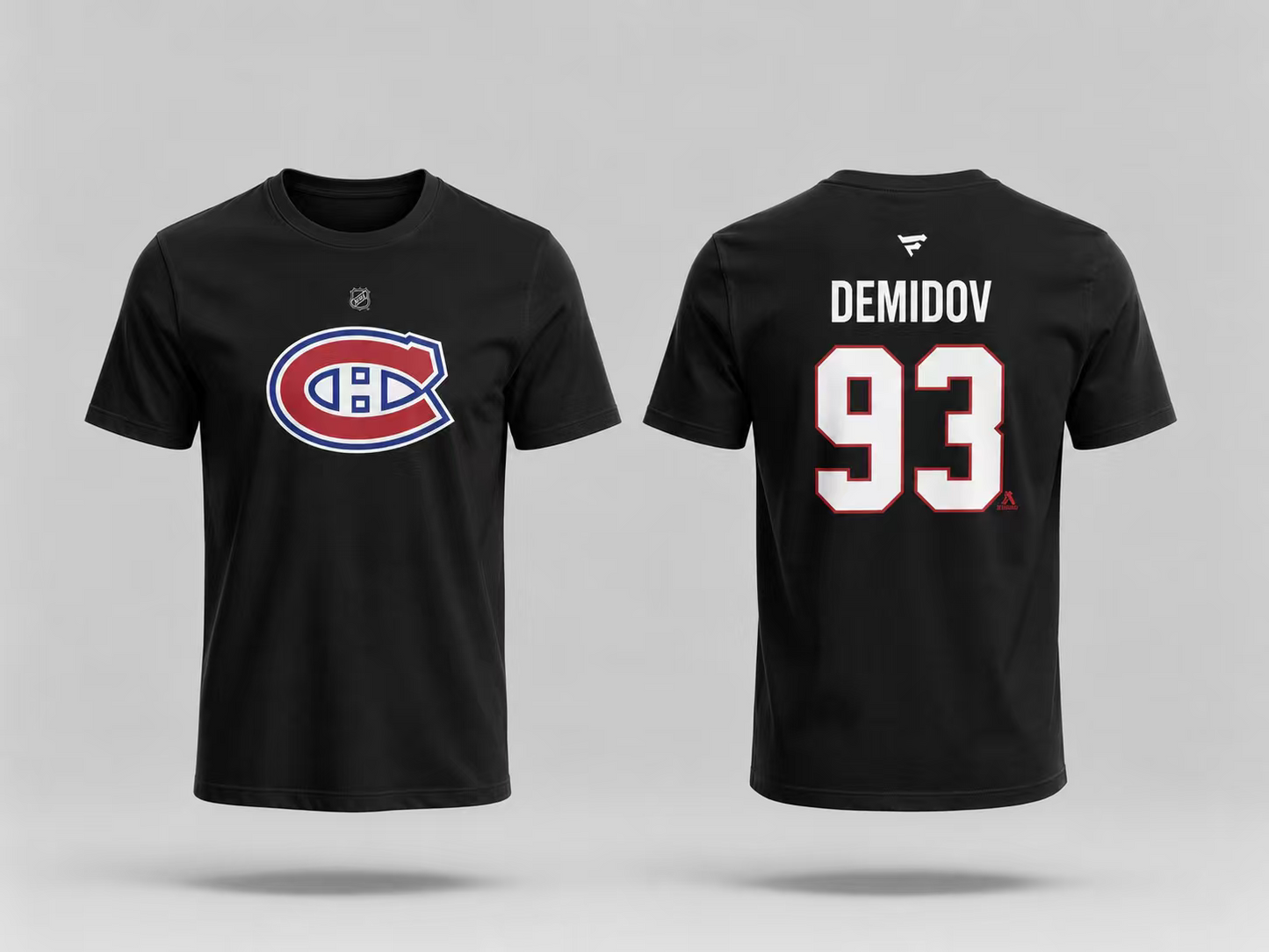 T-Shirt Canadiens Coton Noir - Demidov noir en coton avec logo tricolore bleu, blanc, rouge devant, numéro 93 et nom Demidov blanc au dos, vue de face et dos.