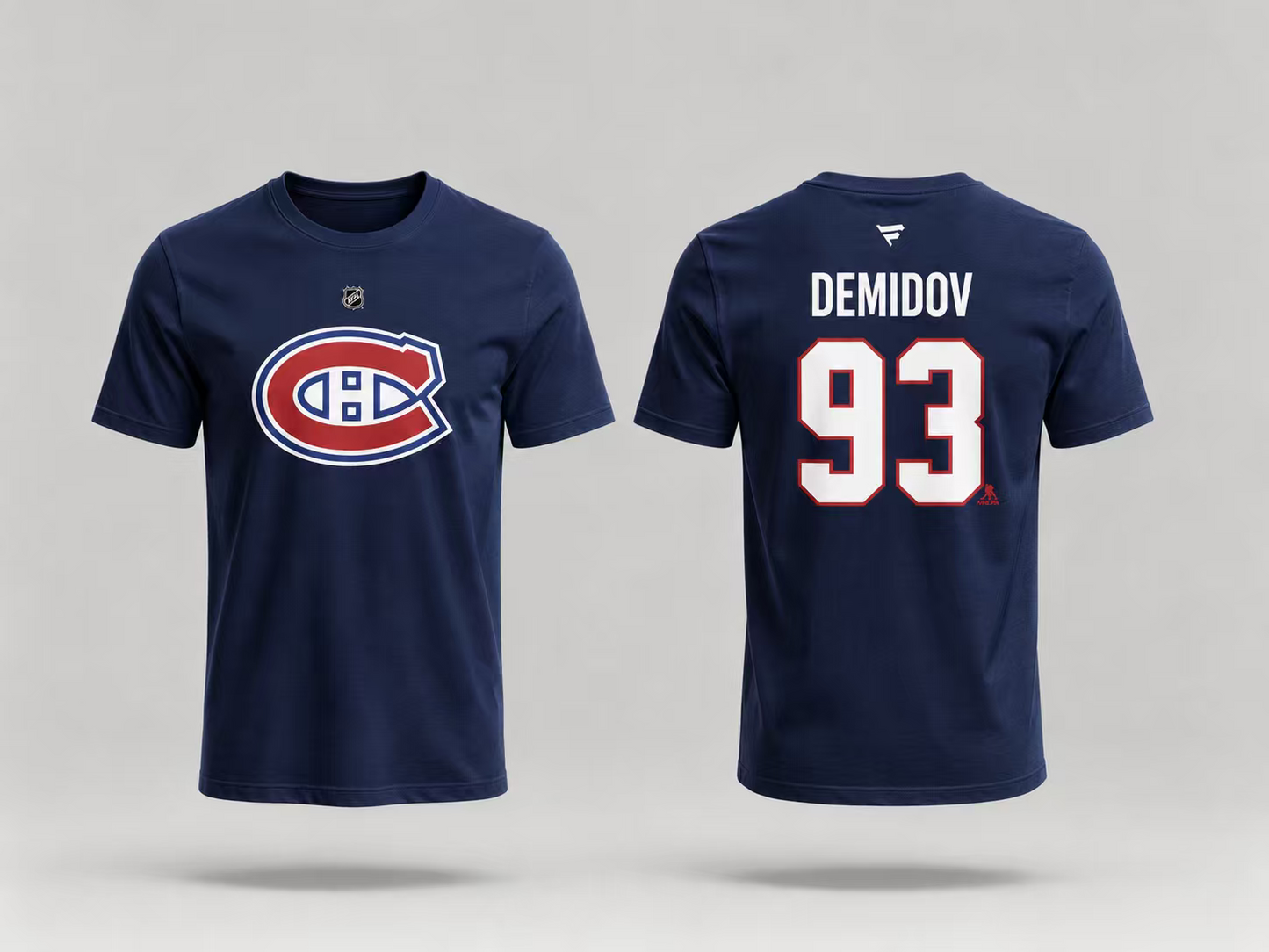 T-Shirt Canadiens Coton Bleu - Demidov bleu marine en coton avec logo Canadiens sur le devant, nom Demidov et numéro 93 au dos, vue de face et dos.