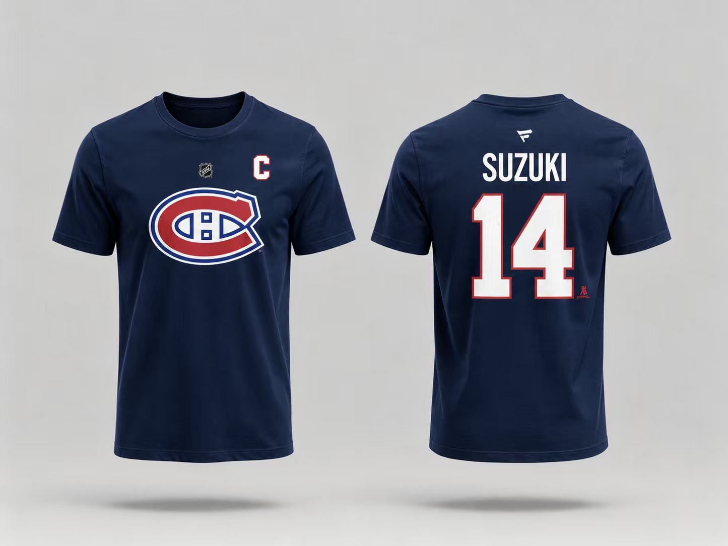 T-Shirt Canadiens Coton Bleu - Suzuki bleu marine en coton, style sportif avec logo Canadiens à l'avant et nom Suzuki avec numéro 14 en blanc au dos, vue de face et dos.