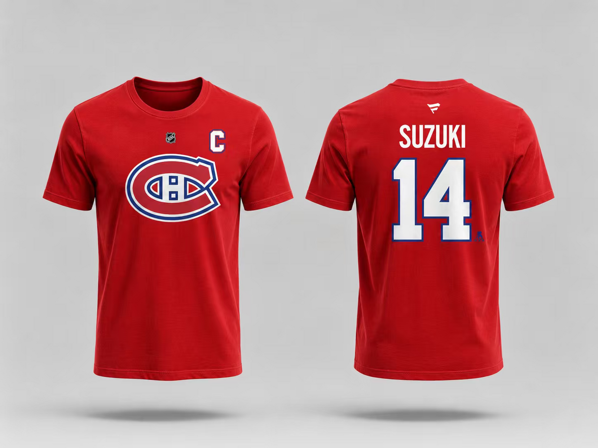 T-Shirt Canadiens Coton Rouge - Suzuki rouge en coton, à manches courtes, avec logo des Canadiens sur le devant et nom Suzuki avec numéro 14 au dos, vue de face et dos.