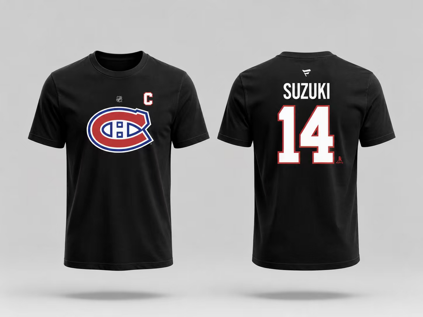 T-Shirt Canadiens Coton Noir - Suzuki noir en coton avec logo Canadiens devant et nom Suzuki avec le numéro 14 au dos, vue de face et dos.