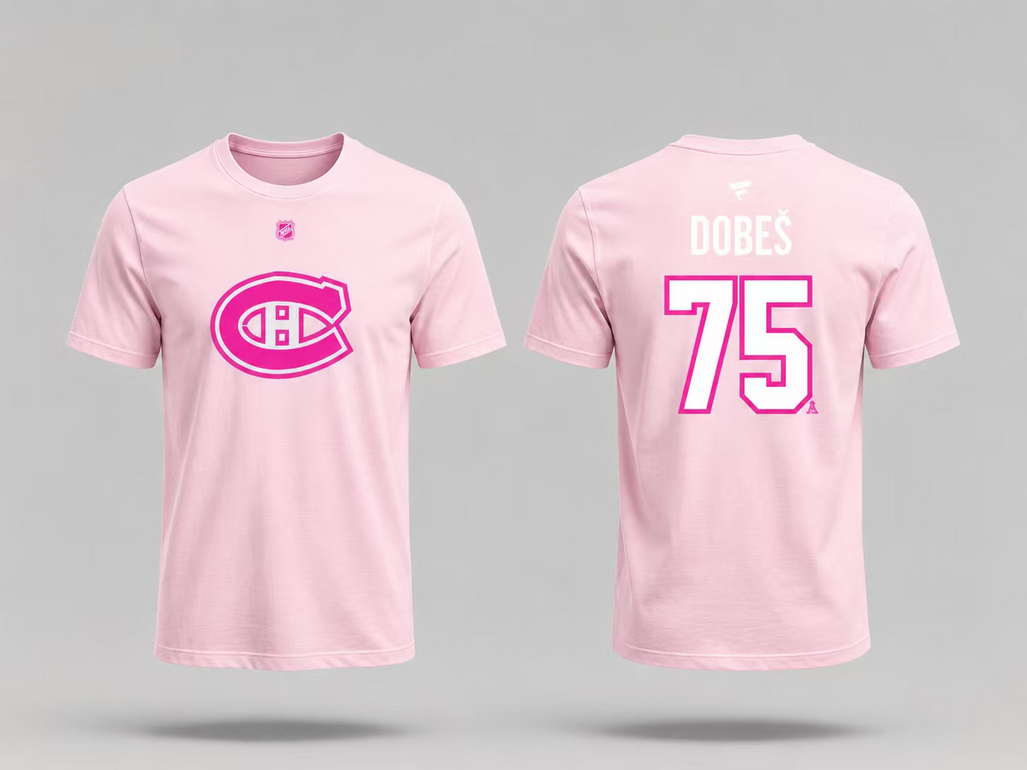 T-Shirt Canadiens Coton Rose - Dobes #75 rose clair en coton avec logo Canadiens rose foncé devant et nom Dobes avec numéro 75 au dos, vue de face et dos.