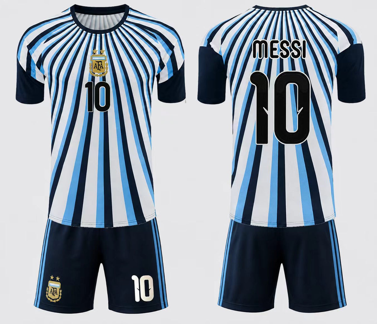 Ensemble de soccer Argentine - Messi composé d'un maillot rayé bleu ciel, blanc et noir avec le numéro 10, et d'un short bleu marine, vue de face et de dos.