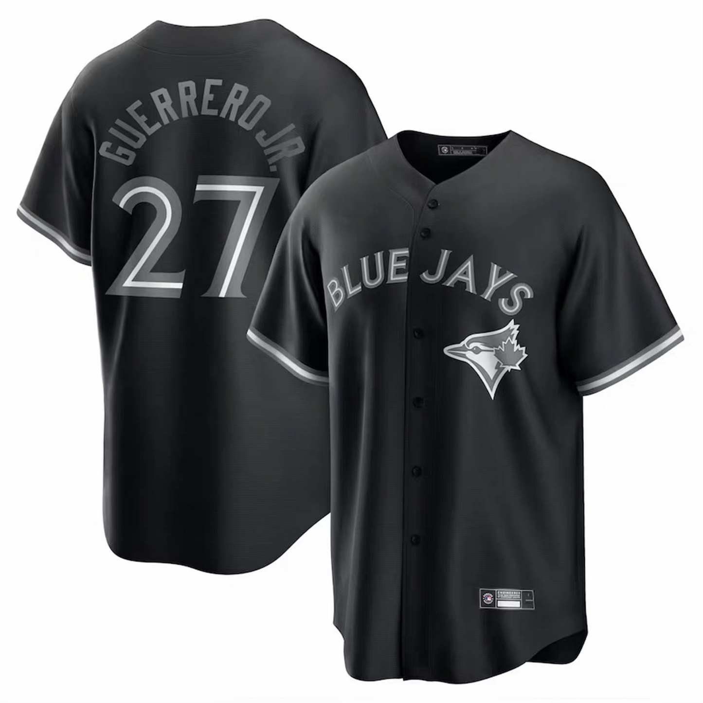Jersey Baseball - Guerrero Jr Blue Jays Noir en tissu technique noir avec lettrage gris, logo d'oiseau sur poitrine, vue de face et de dos.