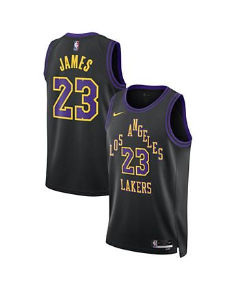 Camisole Lakers - LeBron James noire à col rond violet avec logo et numéro 23 jaune, vue de face et dos, polyester homme adulte.