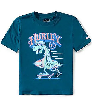 T-Shirt - Hurley bleu avec illustration dinosaure en skate rose et blanc, coupe enfant, vue de face