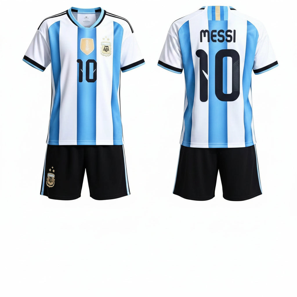Ensemble de soccer Argentine - Messi bleu ciel et blanc avec maillot numéro 10 et short noir vue de face et de dos