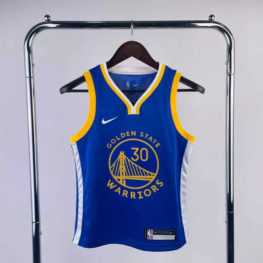 Camisole Warriors - Curry bleu royal avec détails jaunes et blancs en polyester, style sportif, vue de face sur cintre.