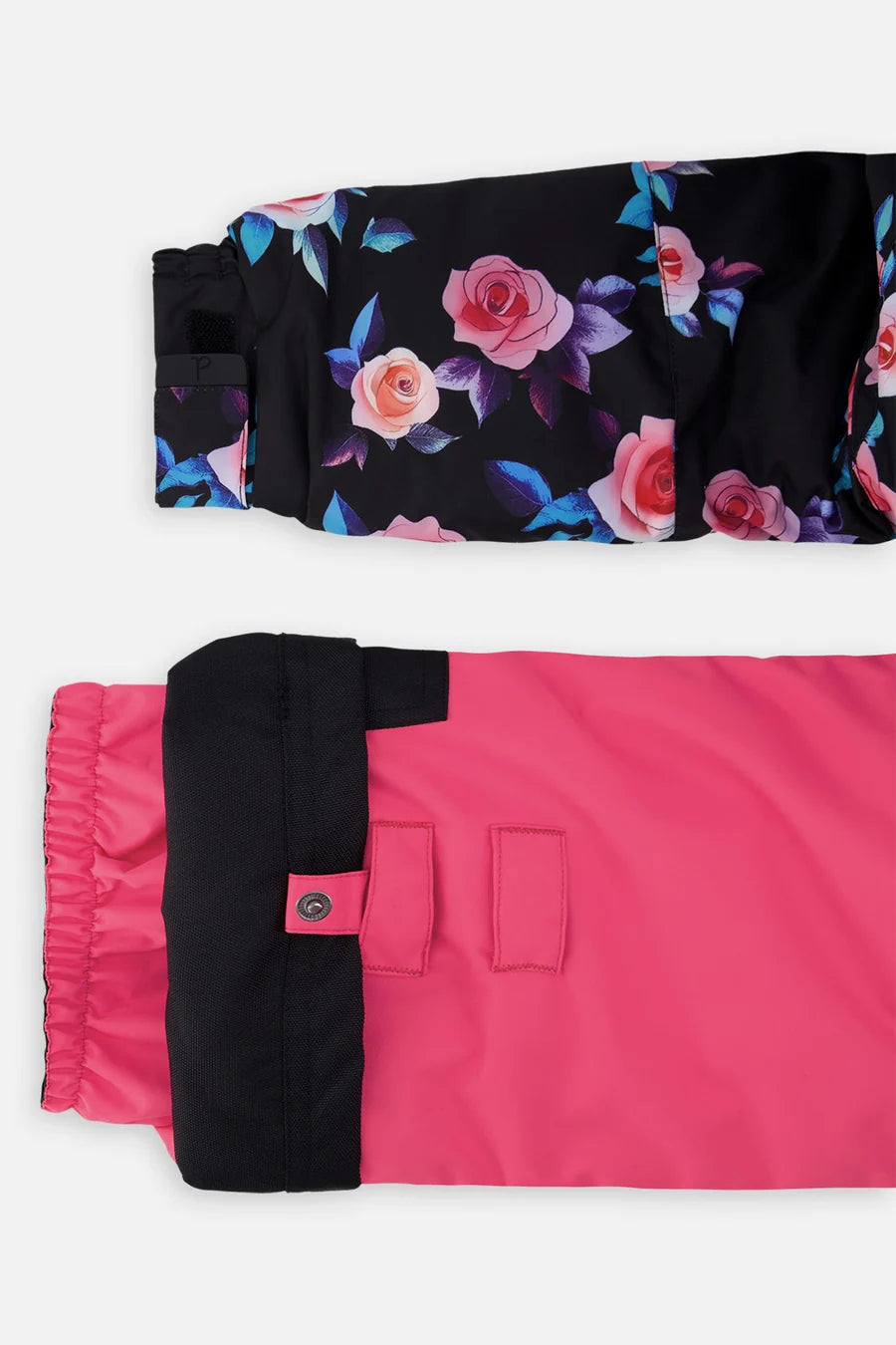 Habit de neige Play - Deux Par Deux noir et rose avec motifs floraux colorés et détails de fermeture pour enfant vue rapprochée