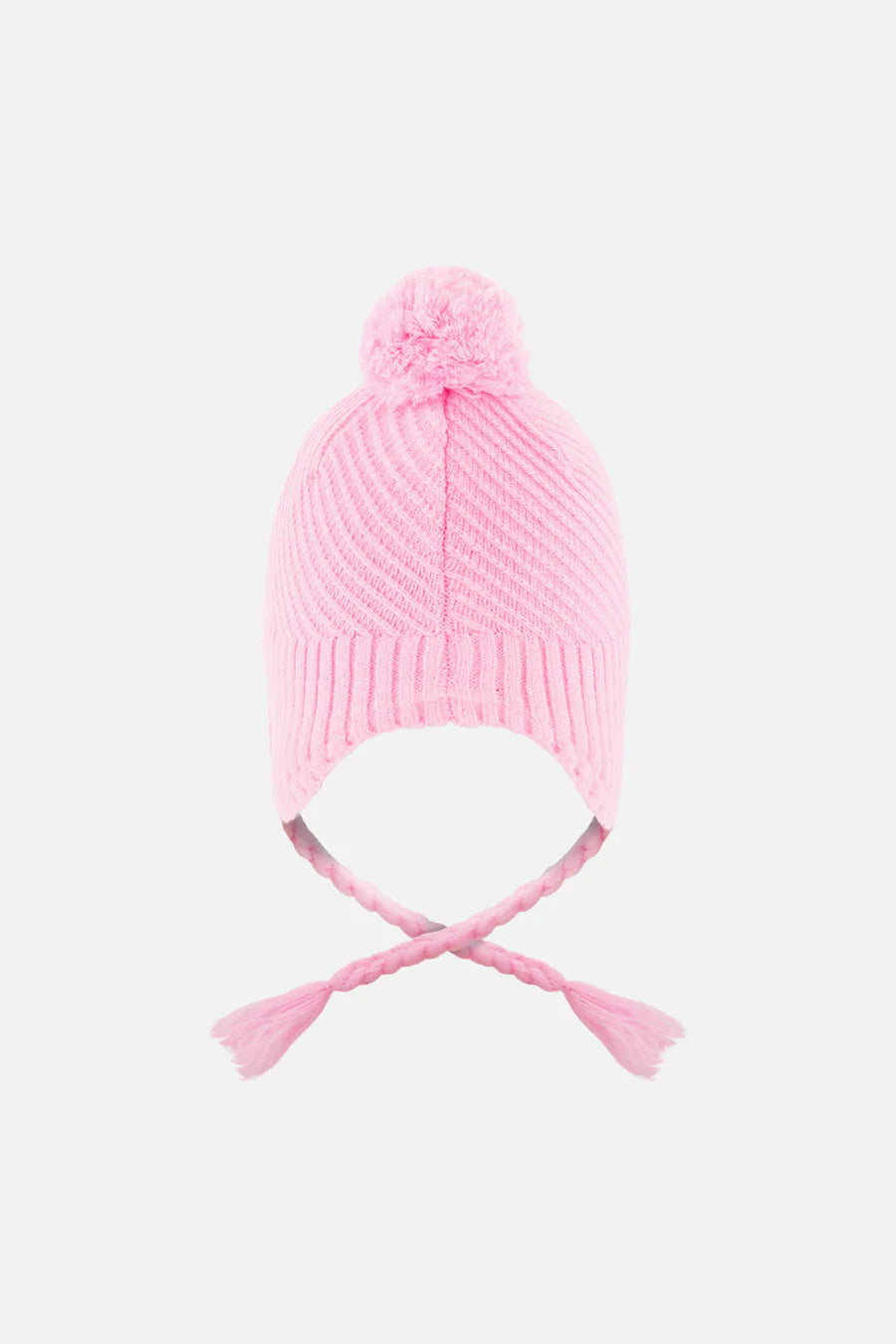 Tuque d'hiver - Deux Par Deux rose clair en tricot avec pompon, tresses pendantes, pour bébé, vue de face