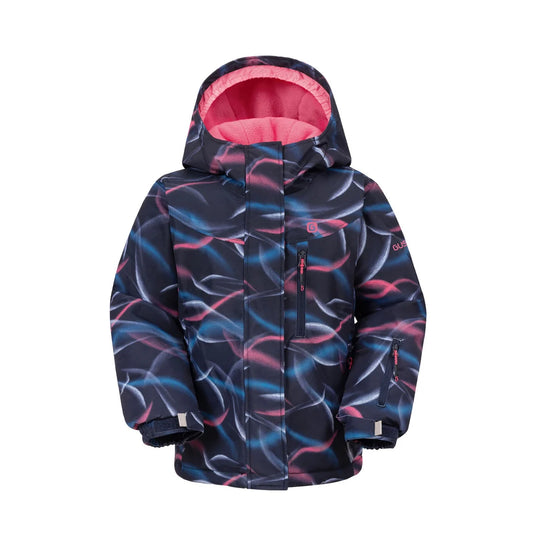 Habit de neige Jolie - Gusti pour enfant bleu marine à motifs abstraits roses et bleus avec capuchon et fermeture éclair vue de face
