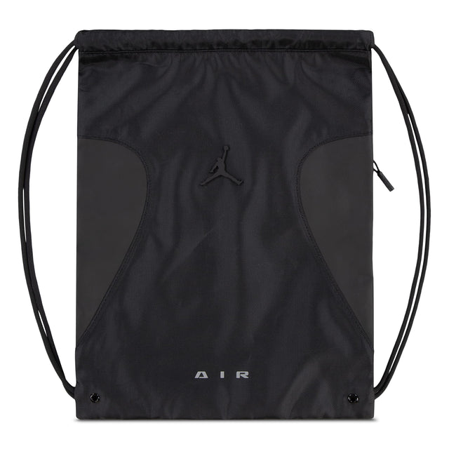 Sac à cordons - Jordan noir en textile synthétique avec logo central et inscription AIR en bas, vue de face.