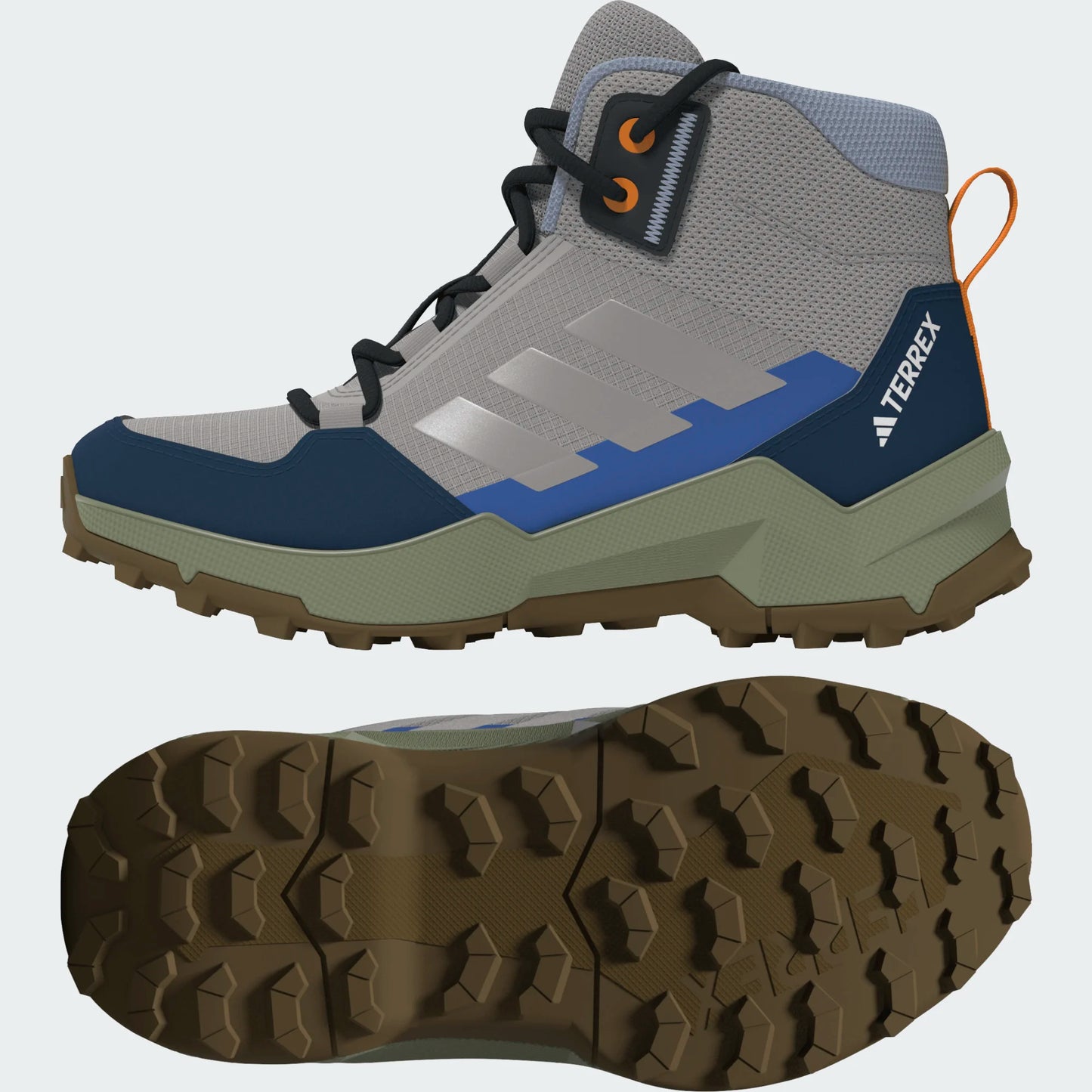 Bottillons Mi-Saison - Adidas pour enfant gris, bleu et kaki, bottine de randonnée Terrex, vue de côté et semelle dessous