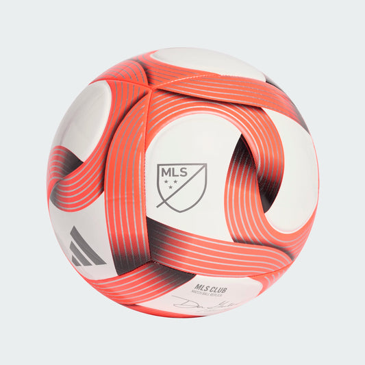 Ballon de soccer Major League Soccer - Adidas blanc avec motifs rouges et noirs, vue de face sur fond clair, matériau synthétique lisse.
