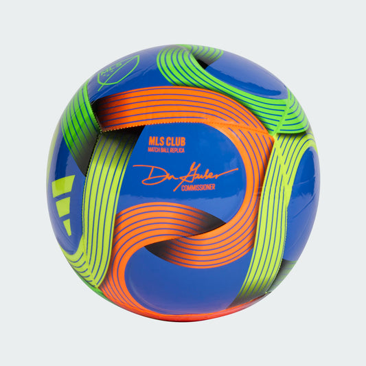 Ballon de soccer Major League Soccer - Adidas bleu avec motifs orange et verts, détail vue latérale