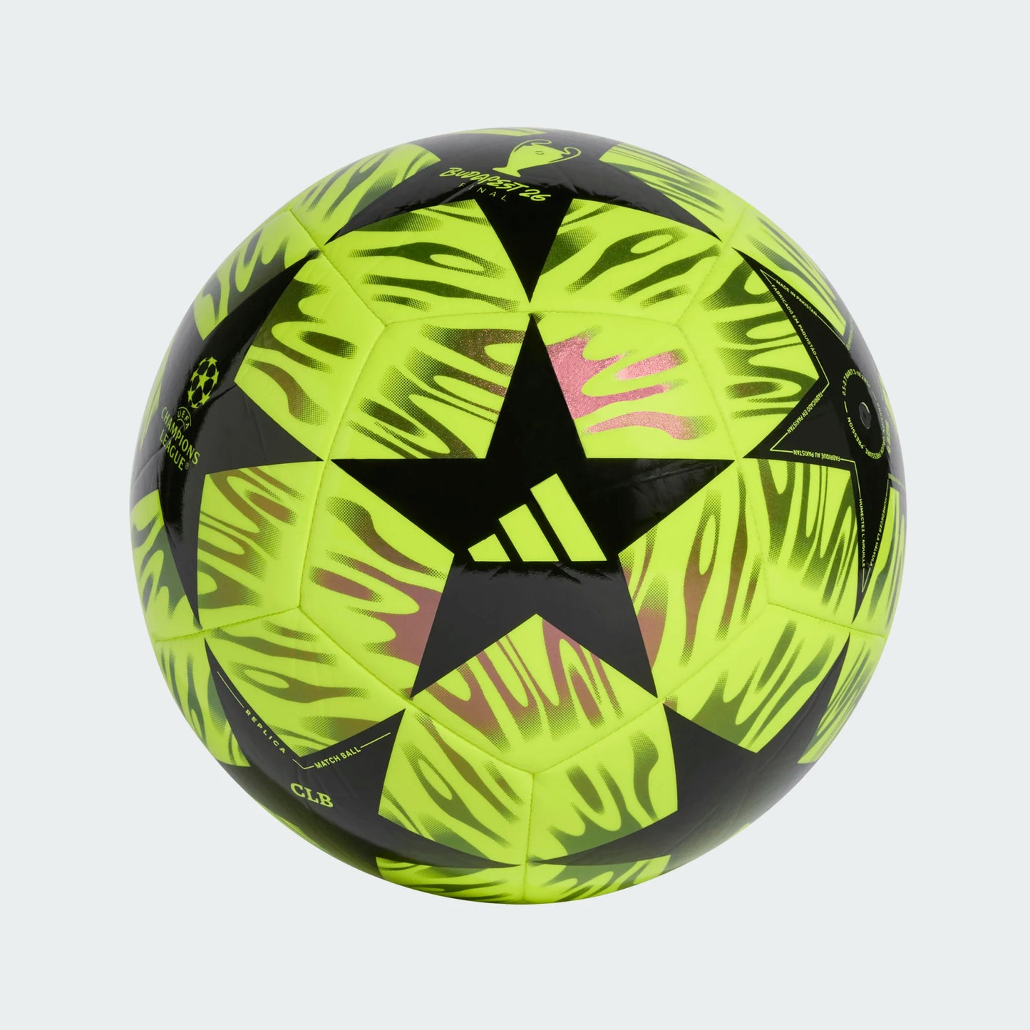 Ballon de soccer l’UEFA Champions League - Adidas jaune fluo et noir avec motifs étoiles, surface en cuir synthétique, vue de face détaillée.